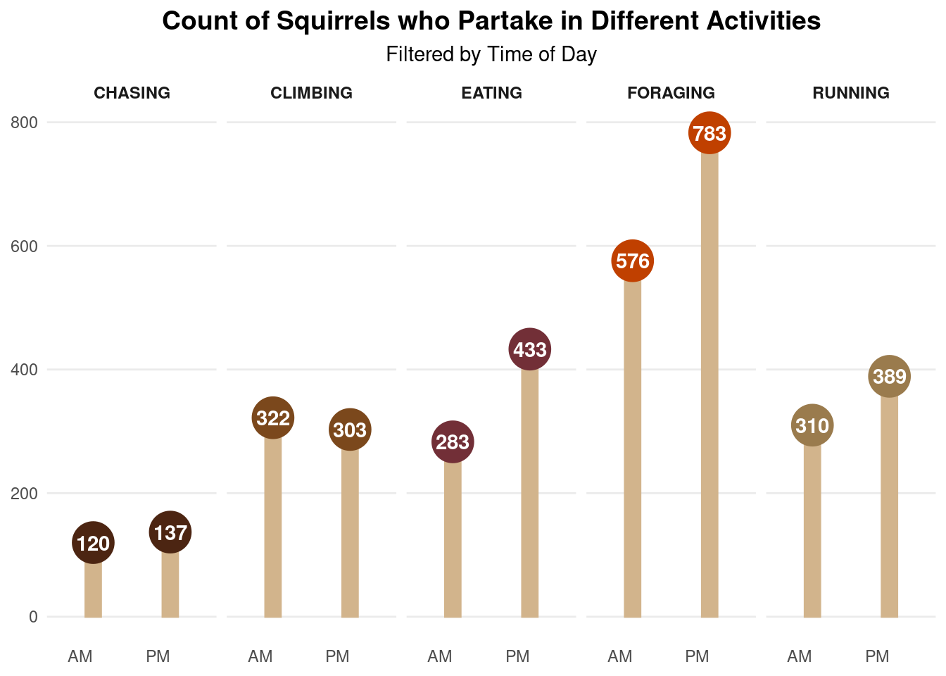 The lollipop chart, Count of Squirrels who Partake in Different Activities, displays the count of squirrels who were found taking part in one of the following activities: chasing, climbing, eating, foraging, and running. Count is displayed from 0 to 800 on the y axis. The activities were filtered by time of day (AM or PM) on the x axis. Squirrels were found chasing the least often. Climbing, eating, and running followed, and they had similar values to one another. Squirrels were found foraging the most, with more squirrels found foraging more in the PM compared to the AM.