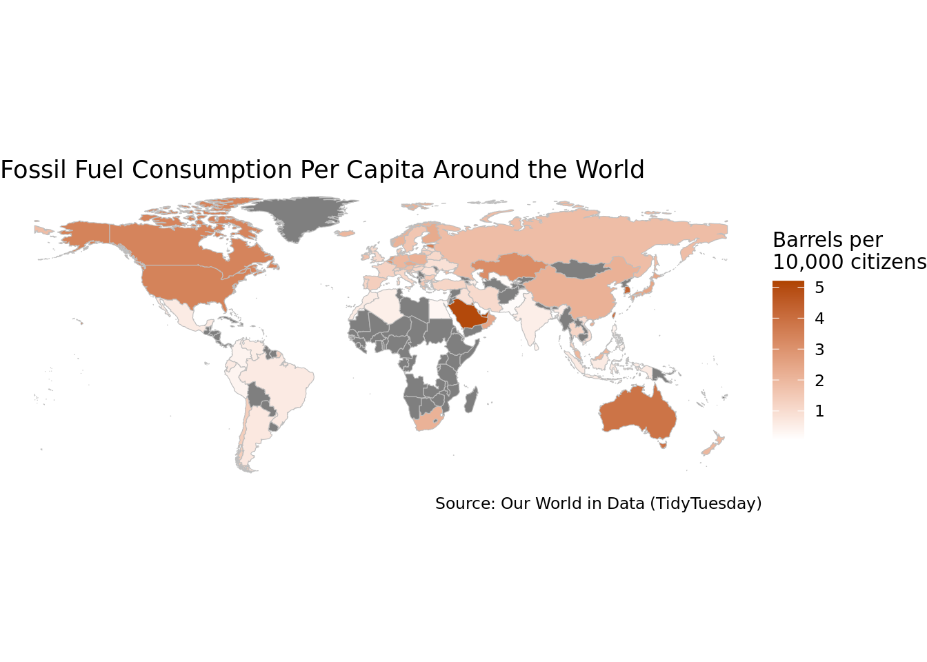 The title of this graph is Oil Consumption Per Capita Around the World. It displays a map of the world shaded in by million barrels of oil consumption. North America and Saudi Arabia have the most oil consumption per capita at around "10" barrels, whereas most of Asia and South America has around "5"  barrels of oil consumption per capita. There is not a lot of data in the African Continent to make an evaluation.